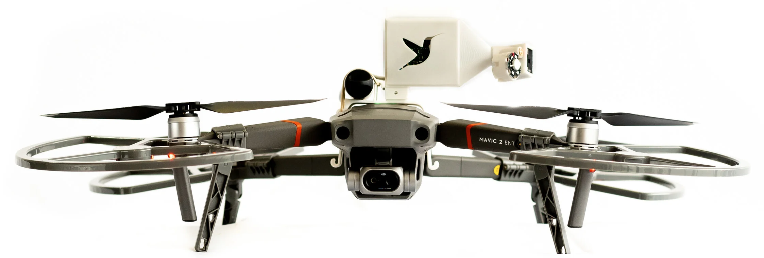 DroneScan Hummingbird barcode scanner backpack attached to a drone